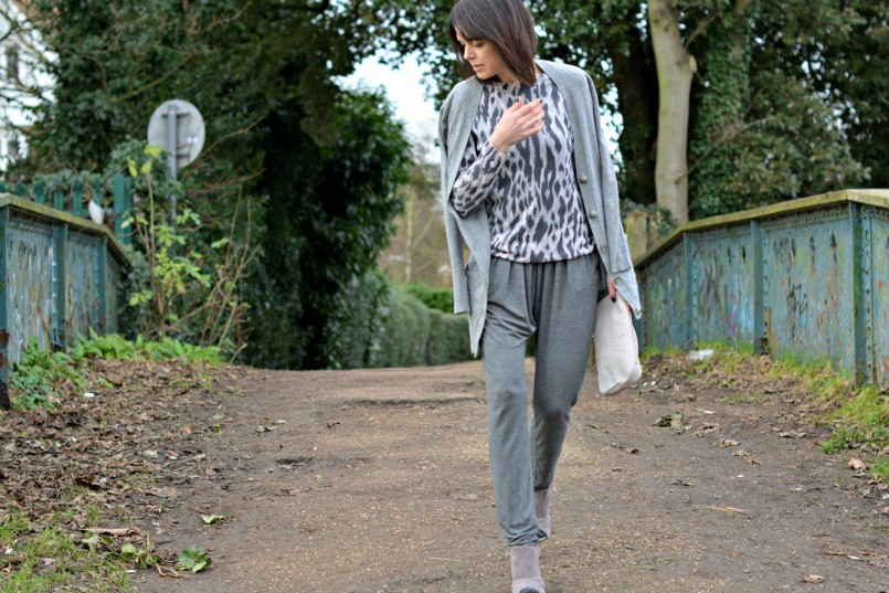 Theory cashmere cardigan | Whistles leopard print jumper | Sandro jumpsuit | Alexander Wang clutch | Sigerson Morrison sandals