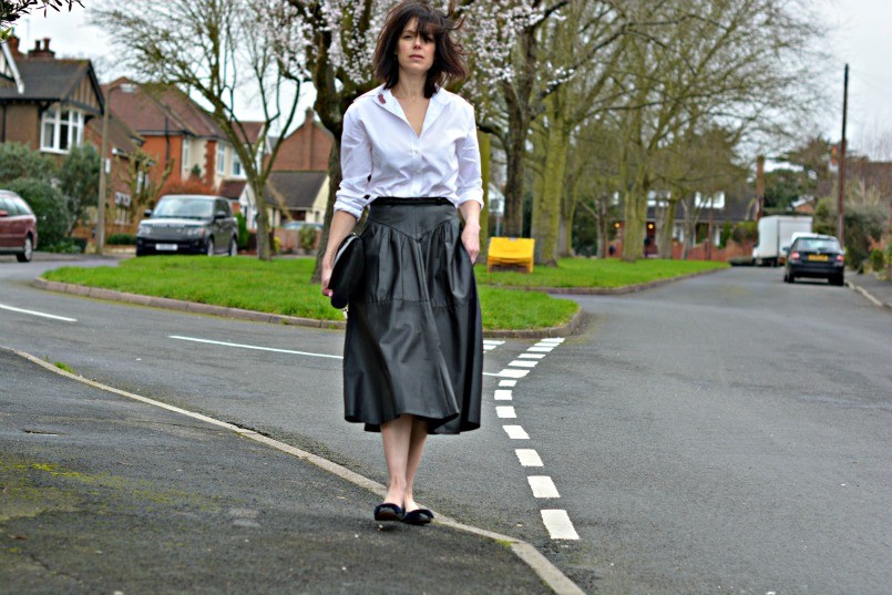 Monochrome - white shirt | black leather shirt | ballet flats