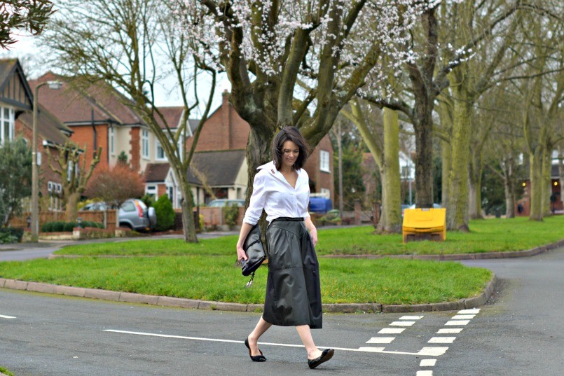 Monochrome - white shirt | black leather shirt | ballet flats