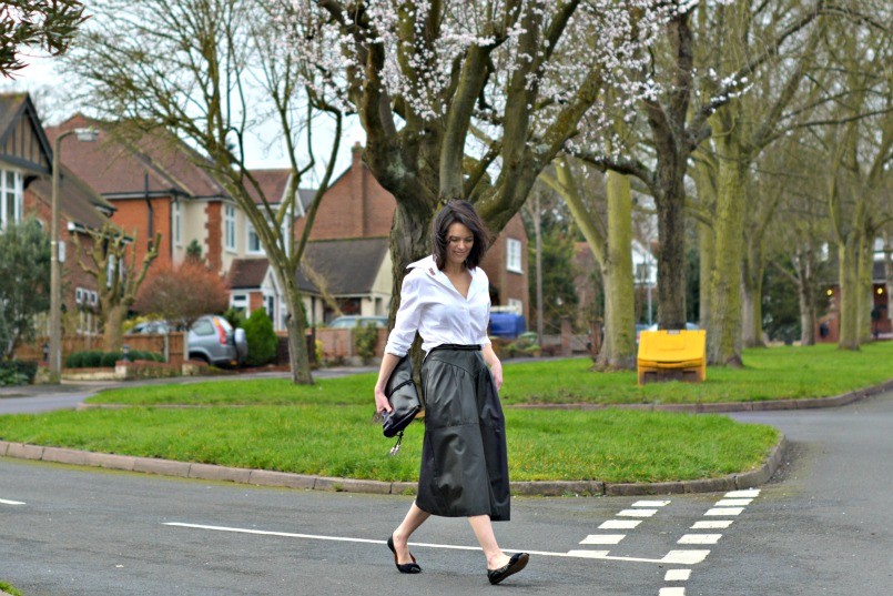 Monochrome - white shirt | black leather shirt | ballet flats