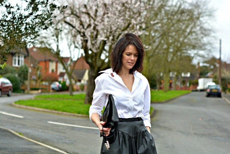 Monochrome - white shirt | black leather shirt | ballet flats