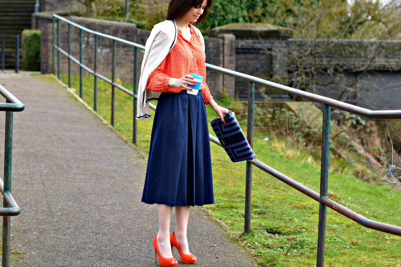 Whistles navy blue linen skirt | Boden orange shirt | Whistles orange platform pumps | Anya Hindmarch blue striped clutch