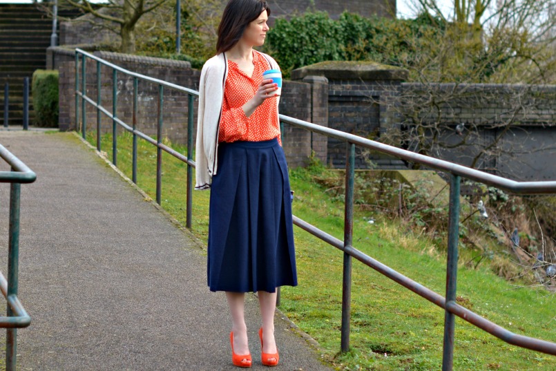 Whistles navy blue linen skirt | Boden orange shirt | Whistles orange platform pumps | Anya Hindmarch blue striped clutch