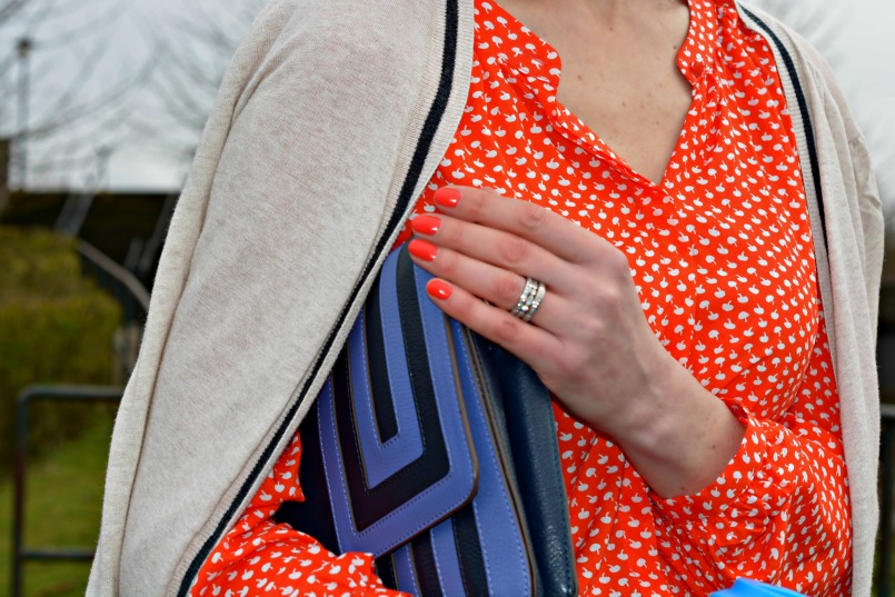 Boden orange shirt | Anya Hindmarch blue clutch | OPI orange Varnish