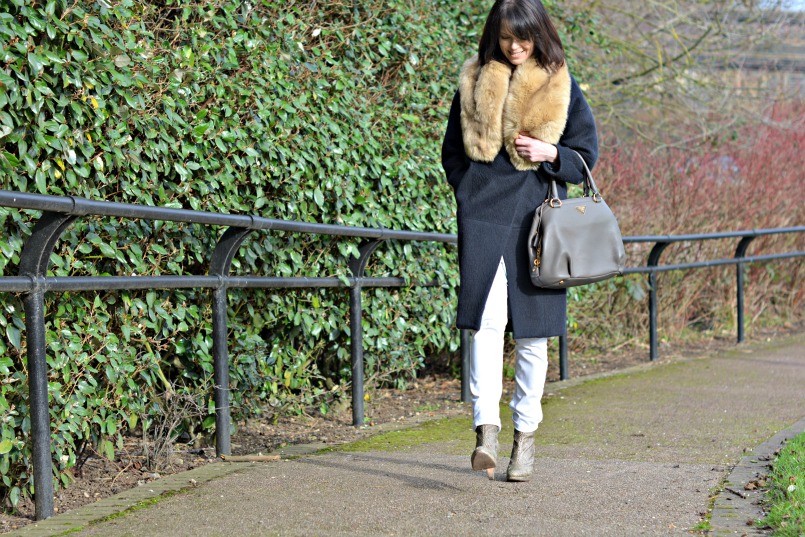 whistles chambray dress | AllSaints snake skin boots | The White Company white jeans | Prada bag | Maje coat | Zara fur stole