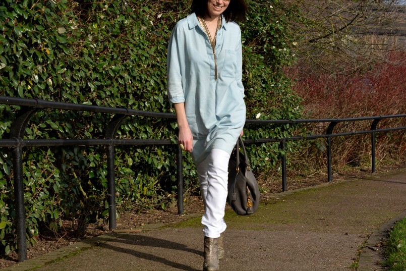 whistles chambray dress | AllSaints snake skin boots | The White Company white jeans | Prada bag