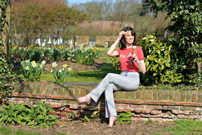 Rollas Red t-shirt | Acne Studios striped trousers | Gianvito Rossi Plexi pumps | Prada sunglasses