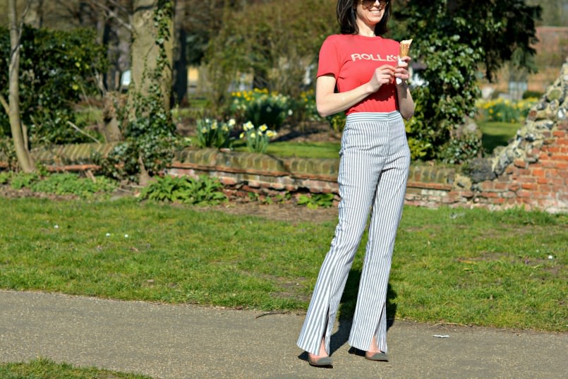 Rollas Red t-shirt | Acne Studios striped trousers | Gianvito Rossi Plexi pumps | Prada sunglasses