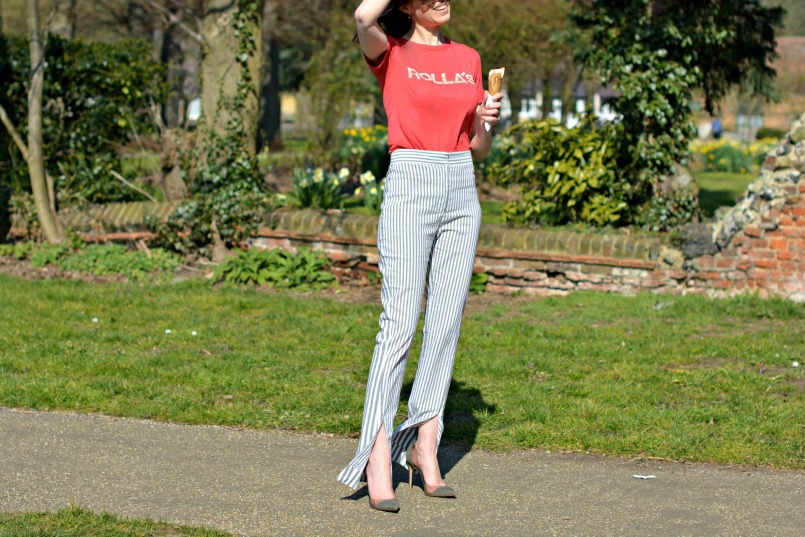 Rollas Red t-shirt | Acne Studios striped trousers | Gianvito Rossi Plexi pumps | Prada sunglasses