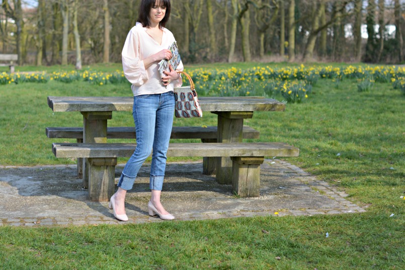 BA&SH bell sleeved shirt | Current Elliott cuffed jeans | Dune pale pink block heel court shoe