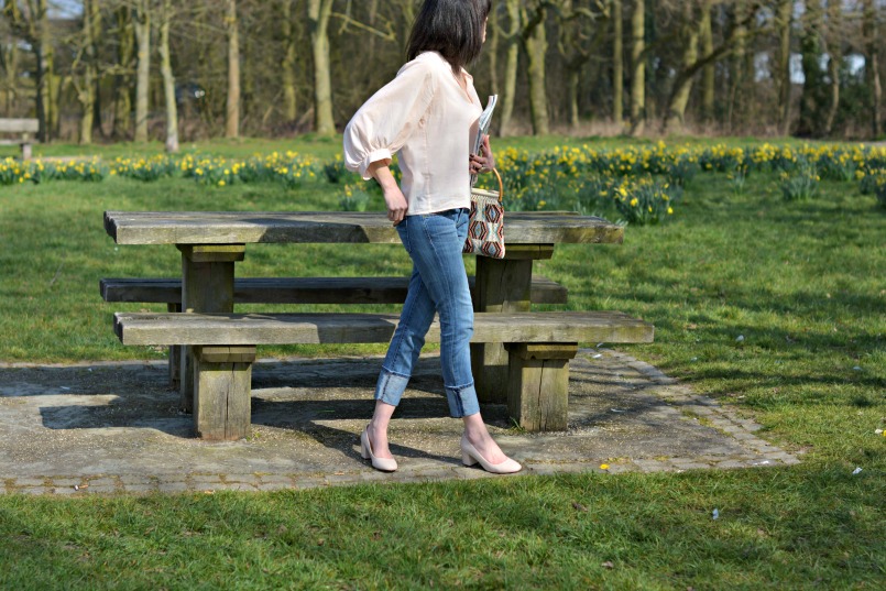 BA&SH bell sleeved shirt | Current Elliott cuffed jeans | Dune pale pink block heel court shoe