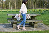 BA&SH bell sleeved shirt | Current Elliott cuffed jeans | Dune pale pink block heel court shoe