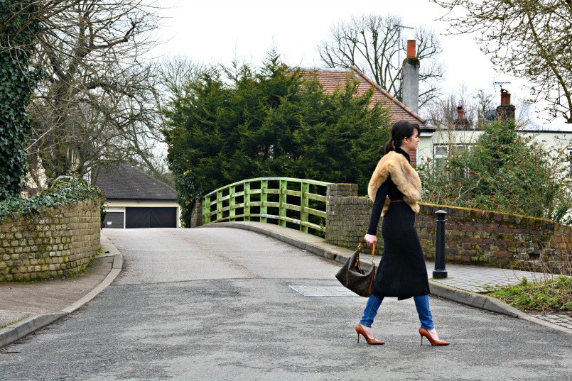 All Saints jumper dress | Neuw Denim skinny jeans | Zara fur | Manolo Blahnik pumps | Louis Vuitton Sully bag