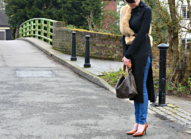 All Saints jumper dress | Neuw Denim skinny jeans | Zara fur | Manolo Blahnik pumps | Louis Vuitton Sully bag