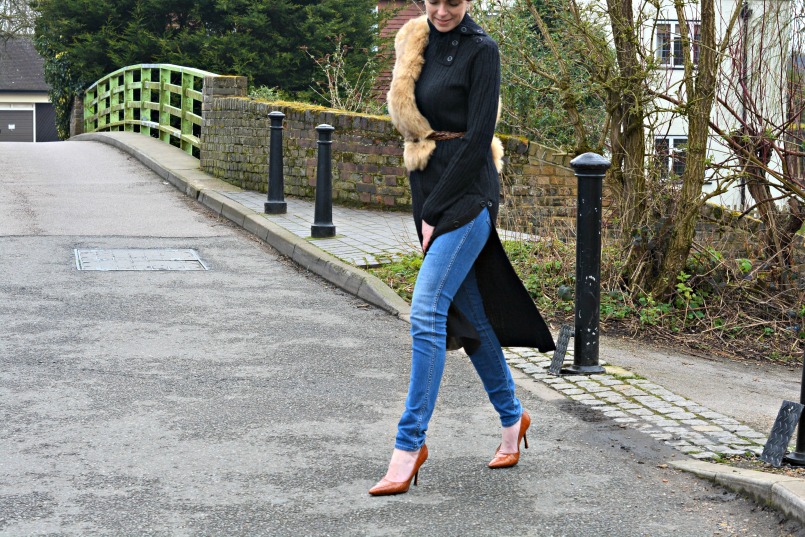 All Saints jumper dress | Neuw Denim skinny jeans | Zara fur | Manolo Blahnik pumps | Louis Vuitton Sully bag