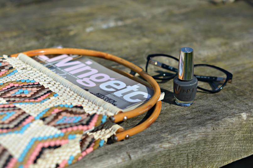 Living Etc Magazine | Vintage knitting bag | OPI Coalition grey varnish | Carolina Herrera reading glasses