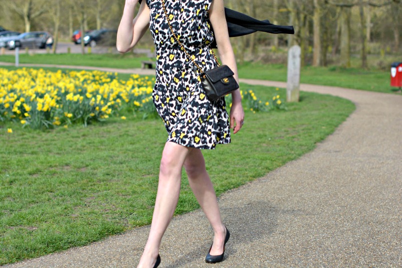 spring yellow animal print dress | chanel 2.55 mini | lanvin ballet wedge heel shoes