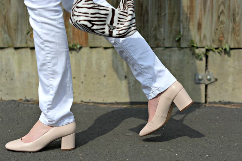 Dune London nude block heel shoes | Prada bag | Thw Whitw Company jeans