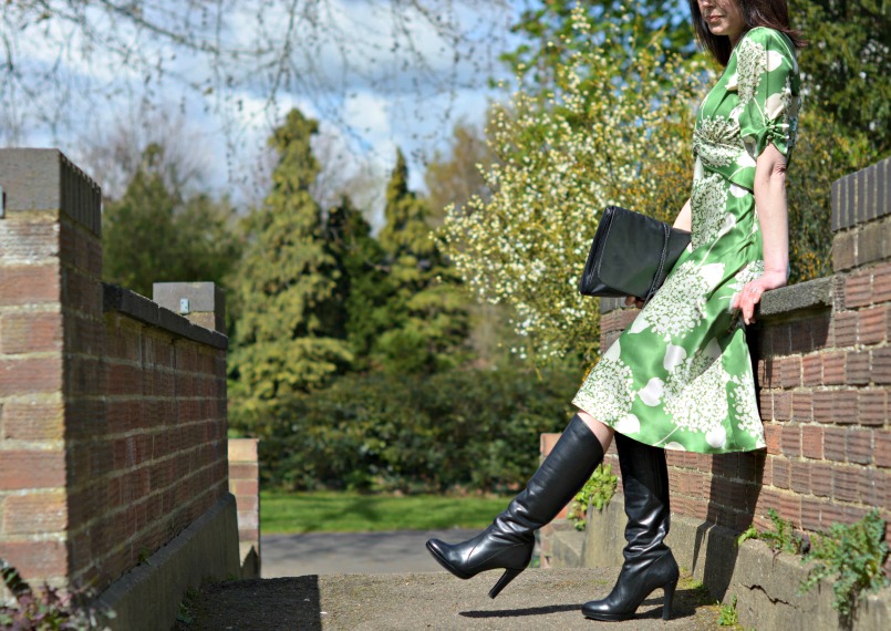 Lux Fix Nancy Mac green dress worn 2 ways wedding guest outfit|Ted & Muffy black knee high boots|Raoul black clutch