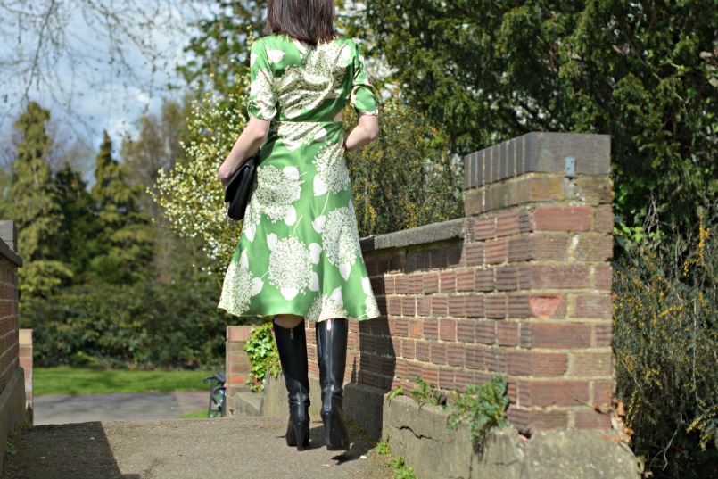 Lux Fix Nancy Mac green dress worn 2 ways wedding guest outfit|Raoul black clutch|Ted & Muffy black knee high boots