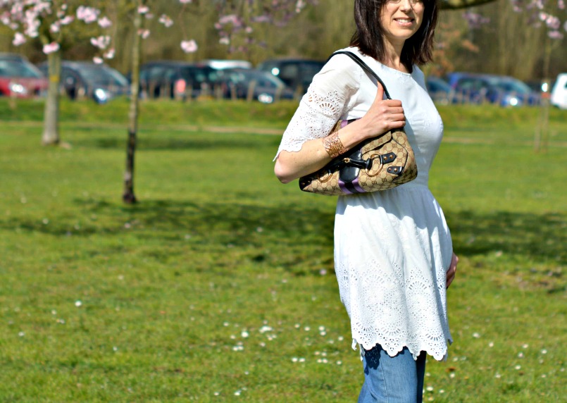 white broderie anglaise dress & jeans