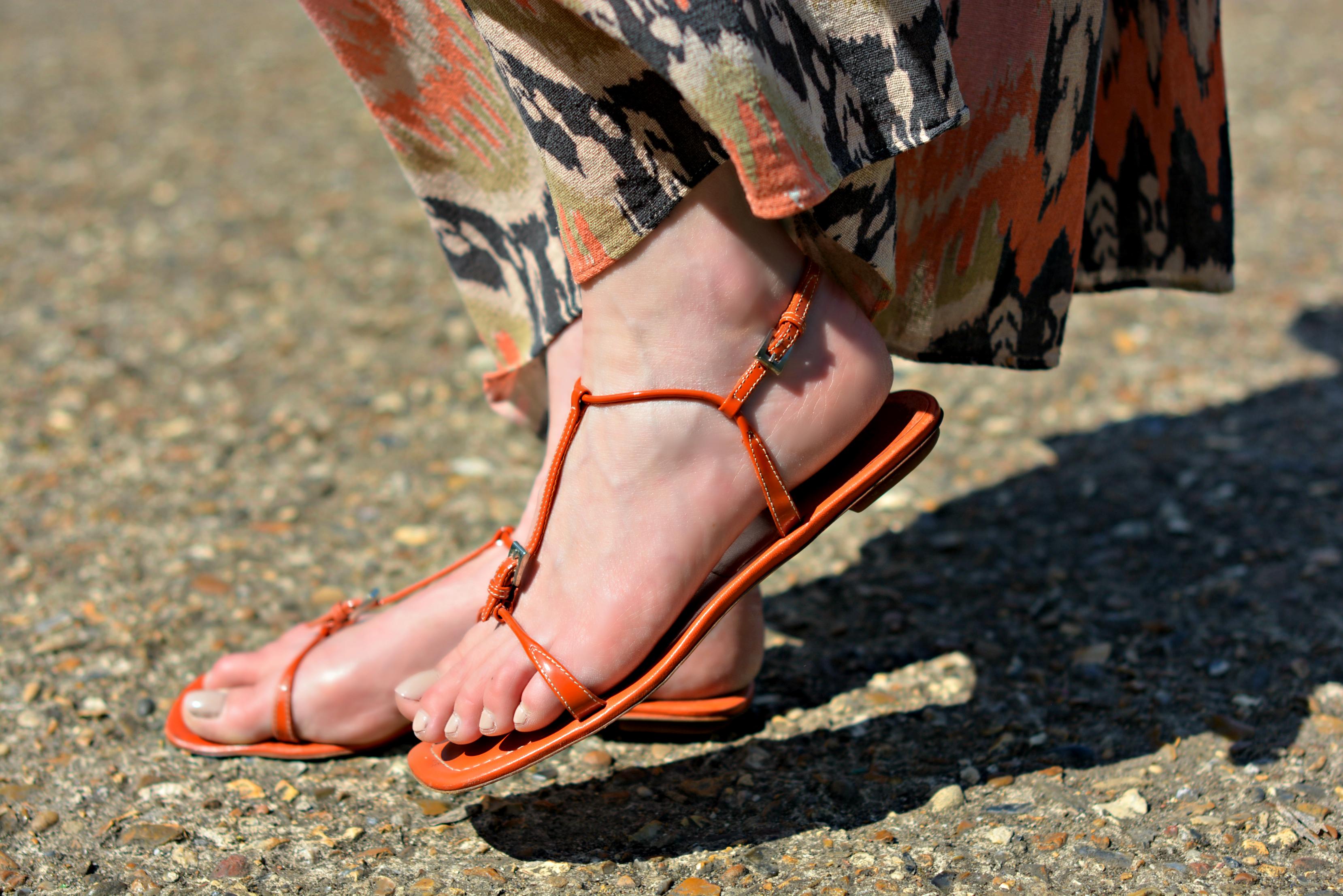 Prada tangerine orange t-bar flat sandals