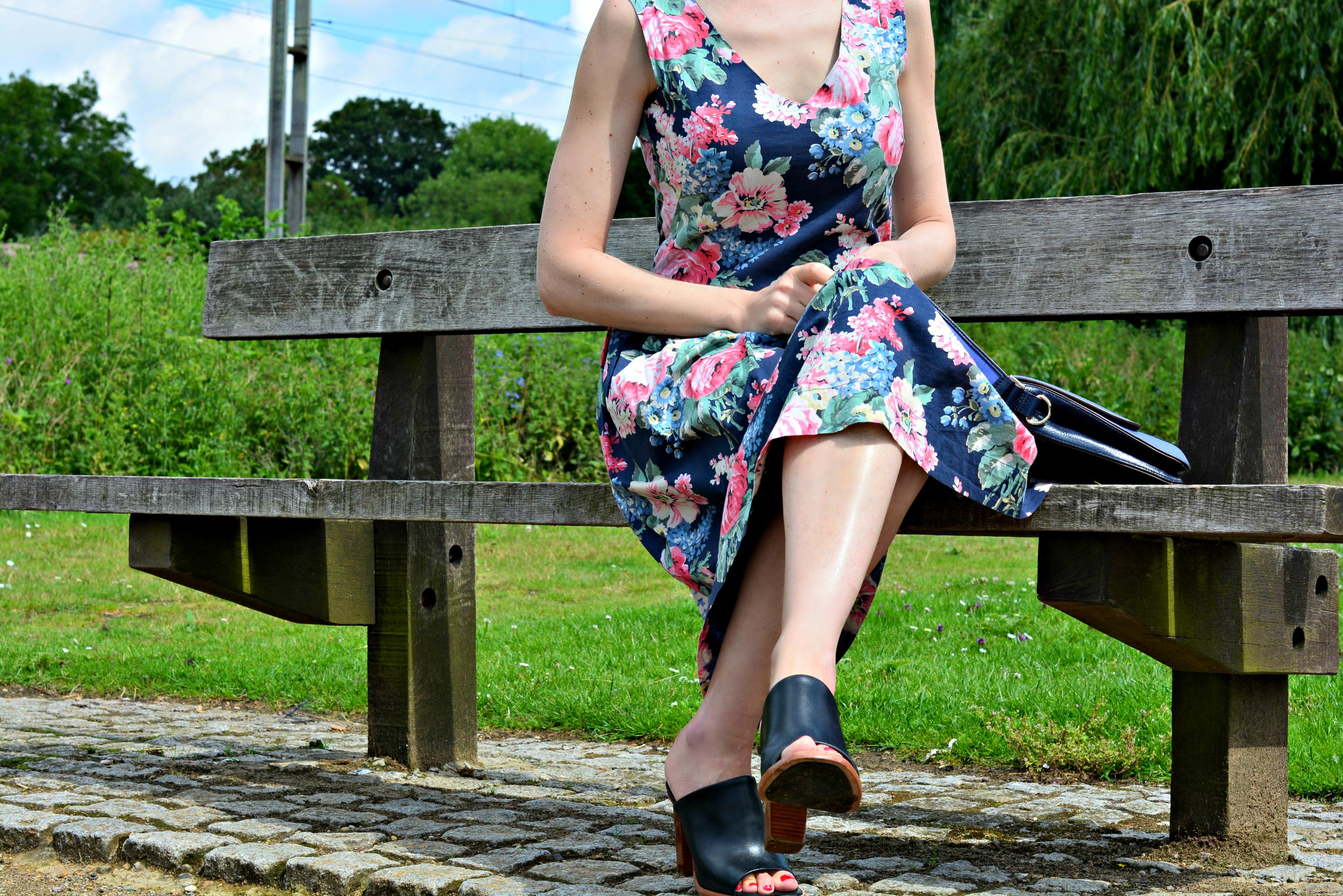 Cath Kidston floral dress Whistles black mules Anya Hindmarch bag