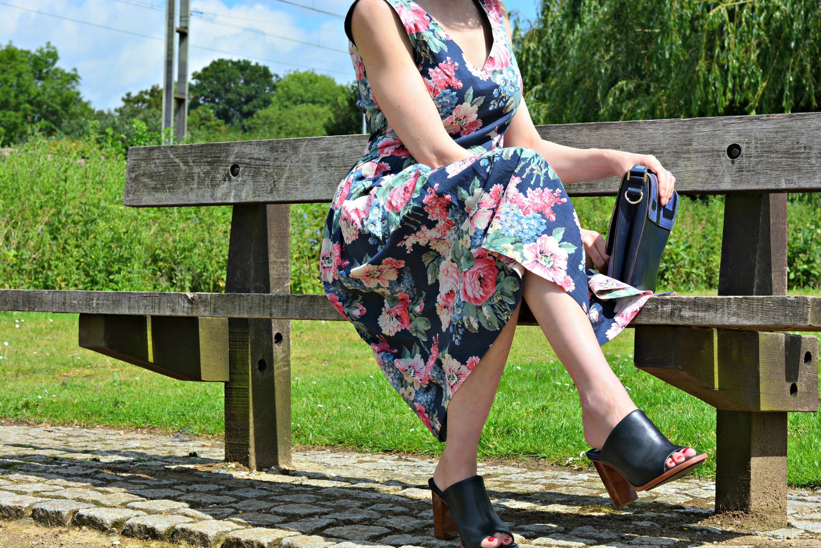 Cath Kidston floral dress | Whistles black mules |Anya Hindmarch bag