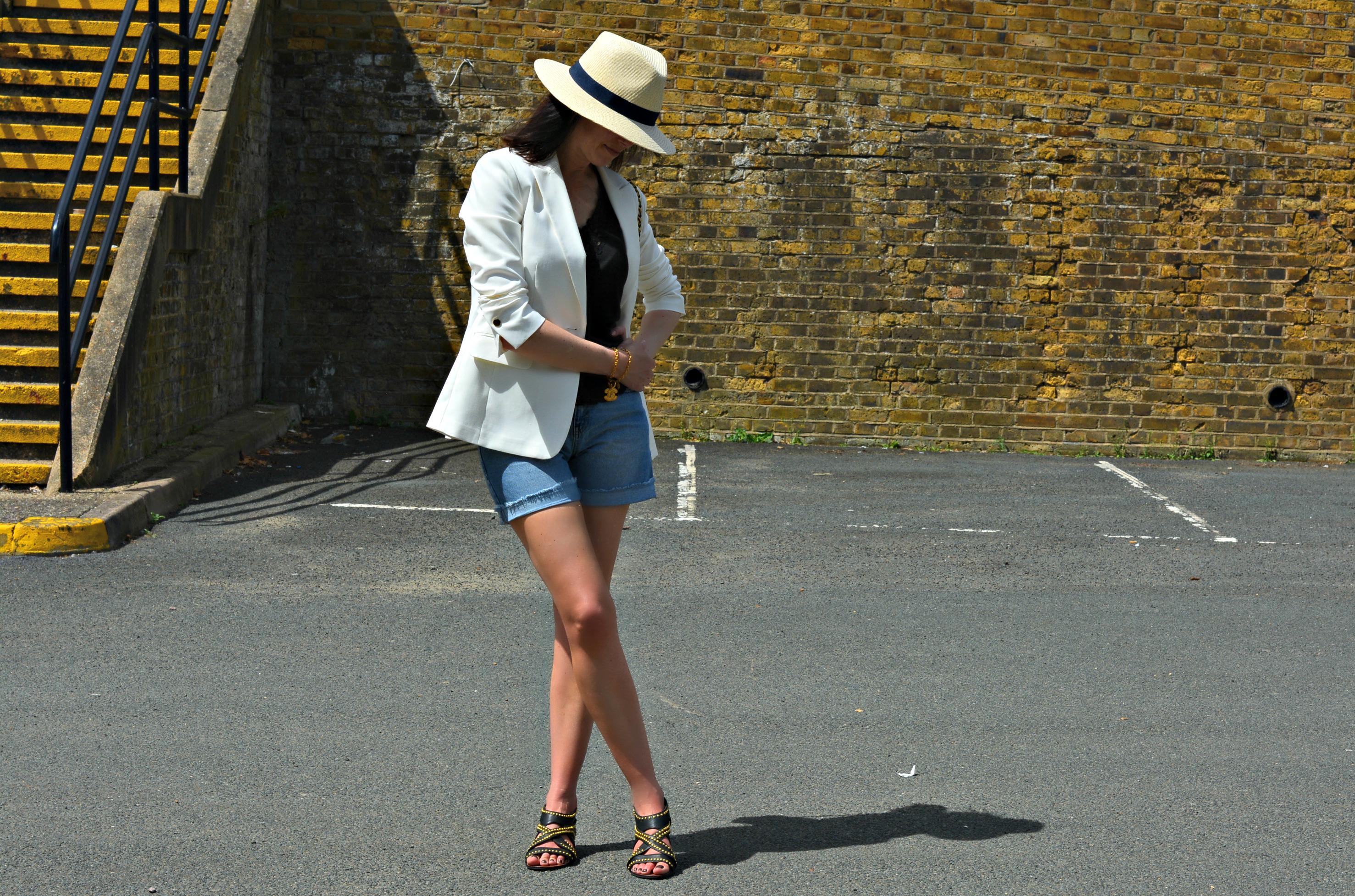 Marks and Spencer White top Style Challenge Fashion over 40 - white blazer with denim shorts and vintage chanel accessories