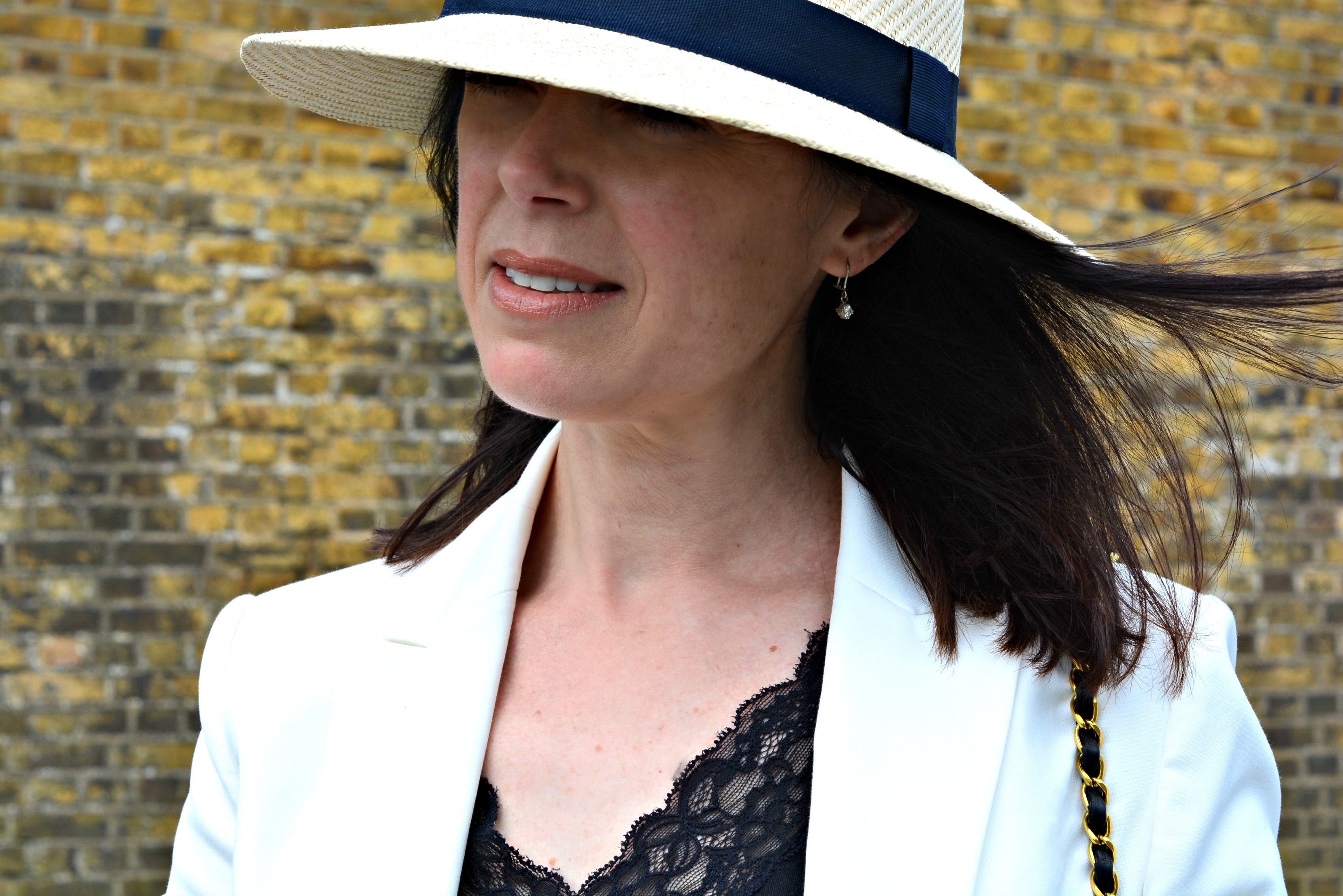 Marks and Spencer White Blazer Panama hat and Vintage Chanel - White top Style Challenge Fashion over 40