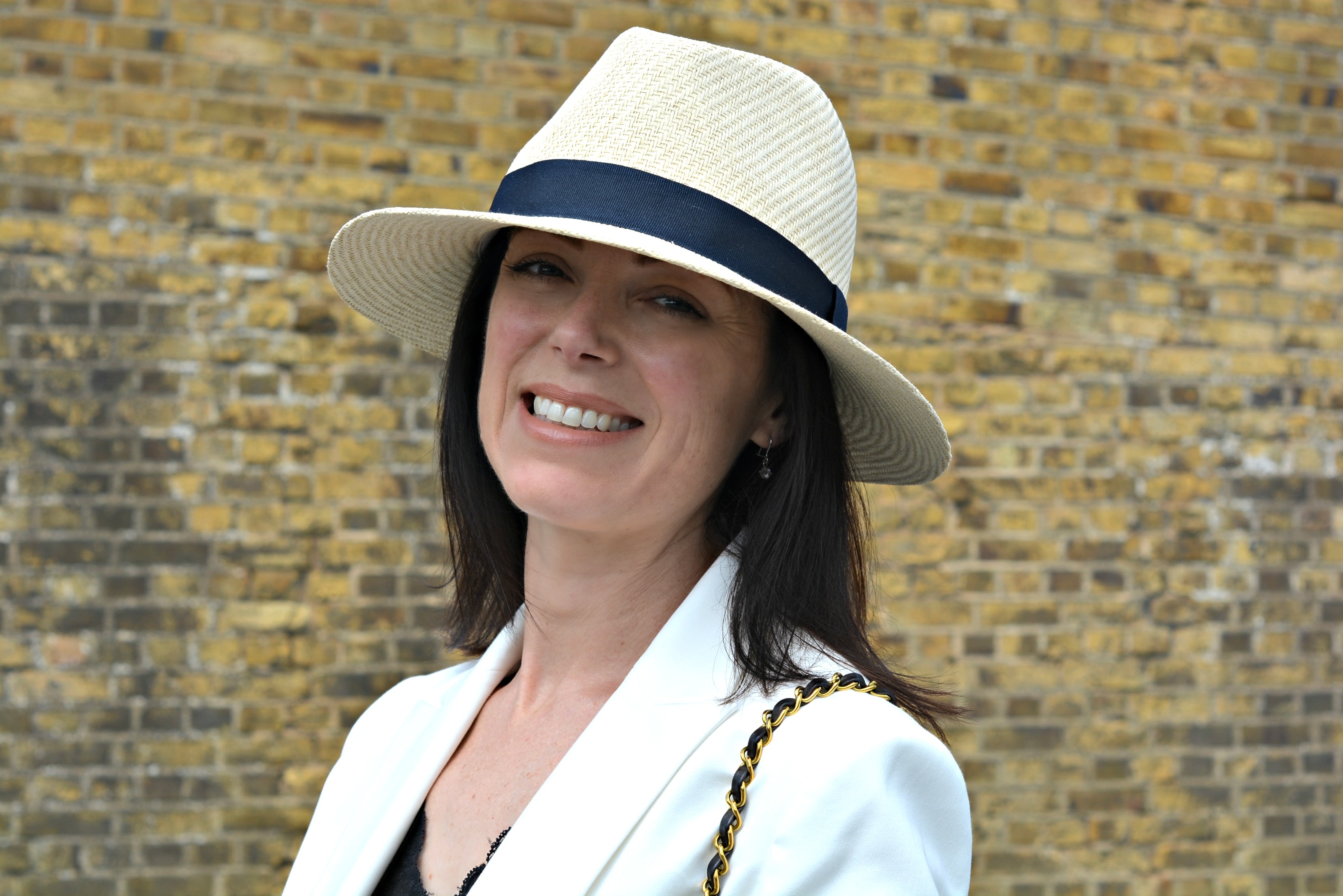 Marks and Spencer White Blazer gold button detail - White top Style Challenge Fashion over 40 Marks and Spencer White Blazer and Panama Hat with Whilstles denim shorts Chanel vintage 2.55 mini