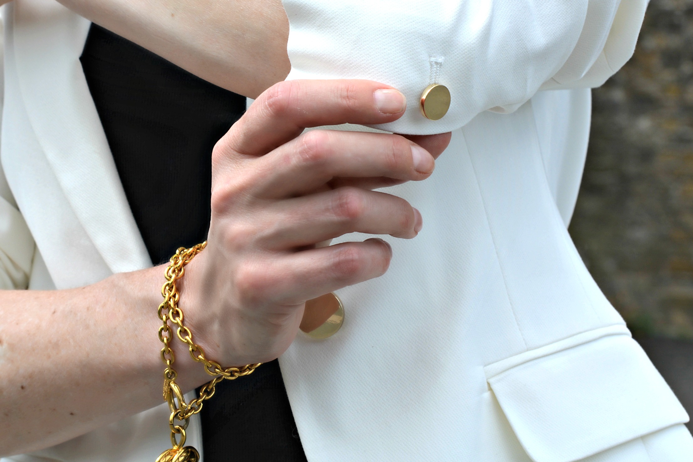 Marks and Spencer White Blazer gold button detail - White top Style Challenge Fashion over 40 | Chanel Vintage CC choker worn as a bracelet - Clever Fashion over 40 - RetroChicMama