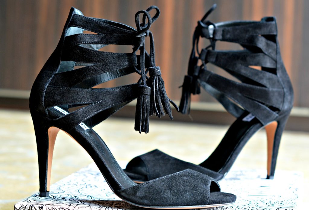 Ted & Muffy black suede lace up tassels high heel sandals