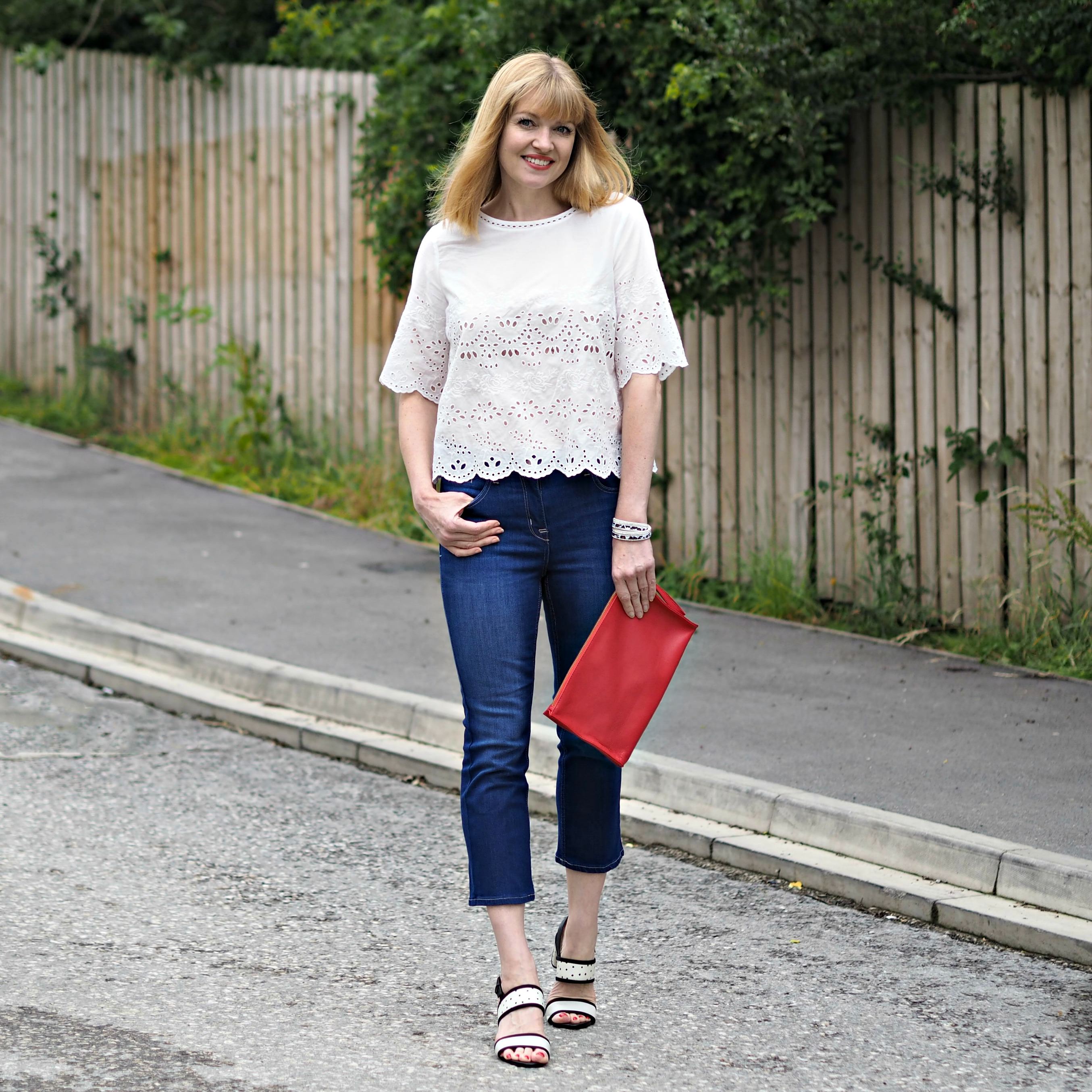 Whatlizzyloves- wearing Marks and Spencer white shirt - The Over 40 Collective White top Challenge