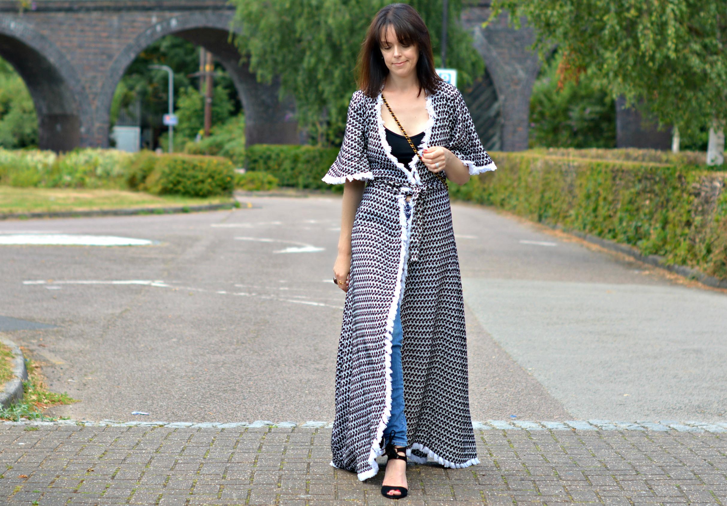 Wearing Dodo Bar Or maxi wrap dress over jeans as Duster coat on RetroChicMama - Fashion over 40 & getting the most from your wardrobe
