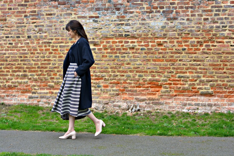 Whistles skirts are on sale now | Whistles striped full midi skirt | French Connection knit top | Prada bag | Maje coat | Dune block heel shoes