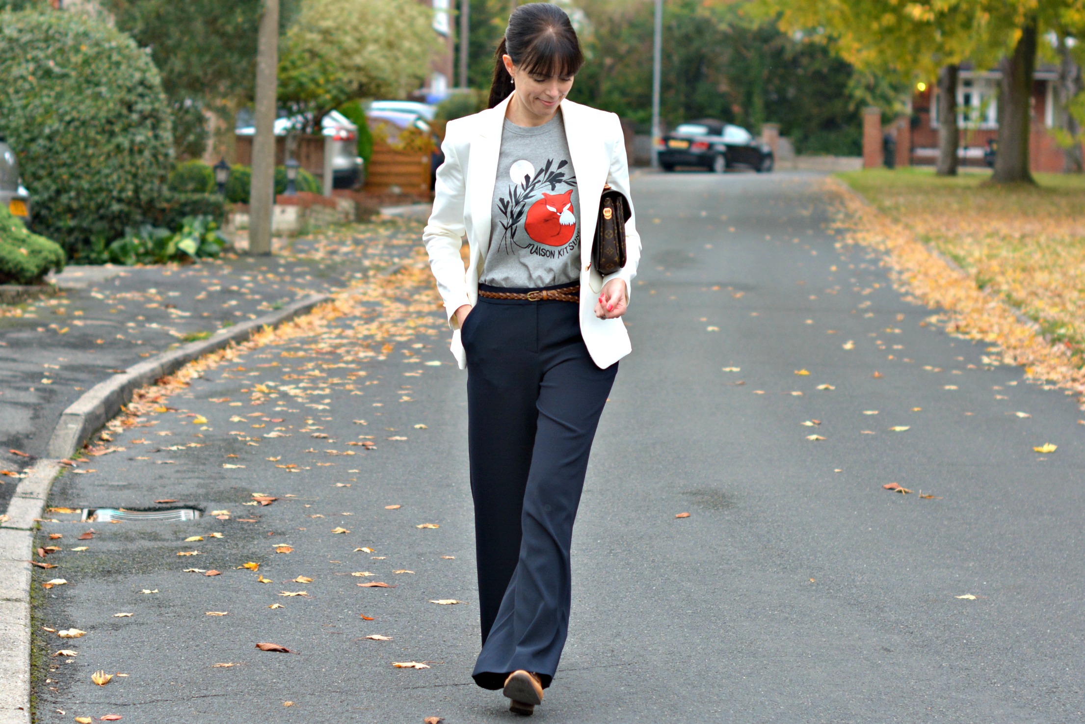 Doing Grown up Preppy - wide leg trousers t-shirt blazer and brogues