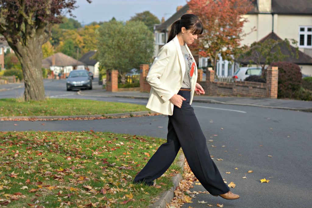 Marks and Spencer white blazer and Maison Kitsune t-shirt