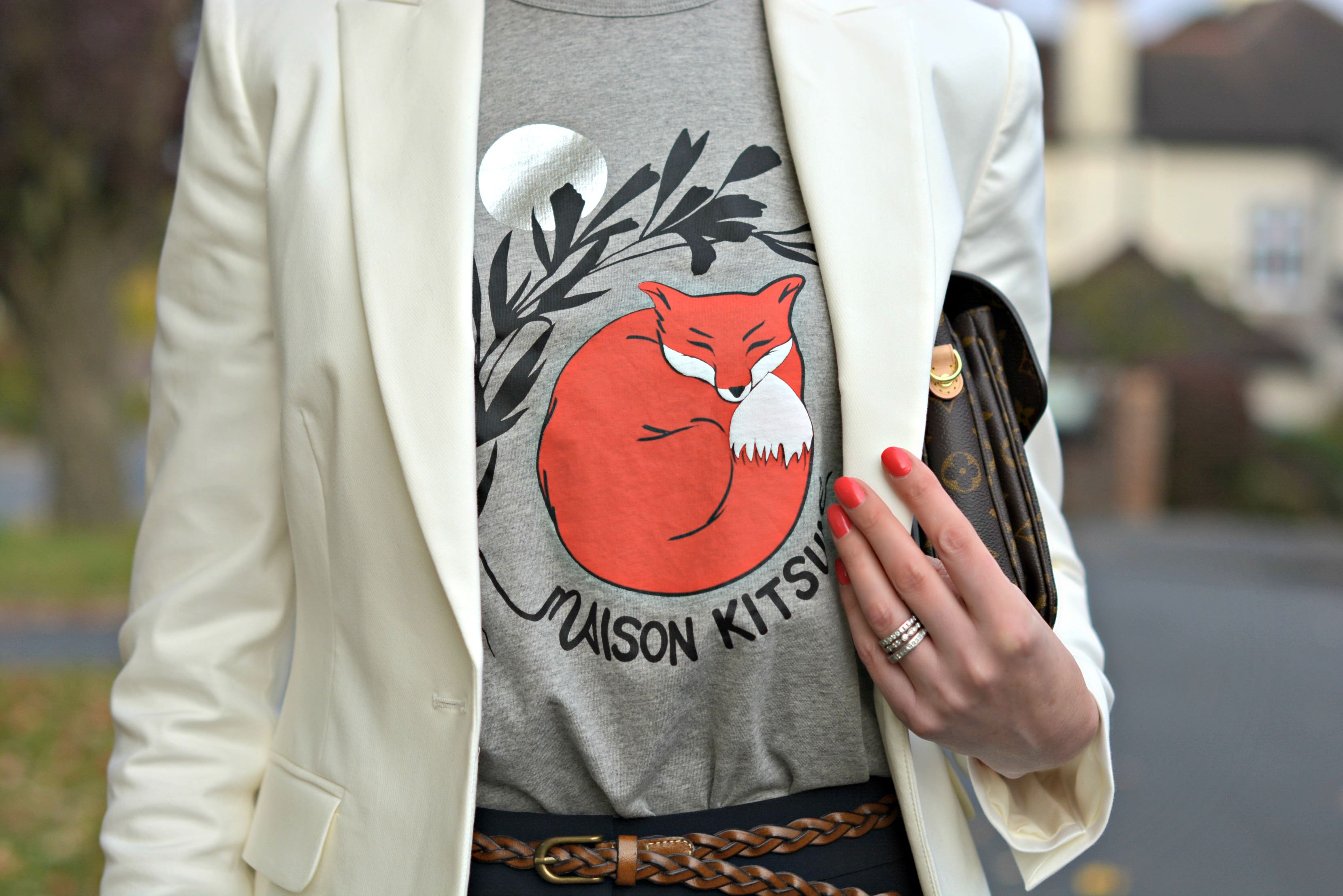 Marks and Spencer white blazer Maison Kitsune t-shirt Vintage tan plaited belt and NailsInc gel polish