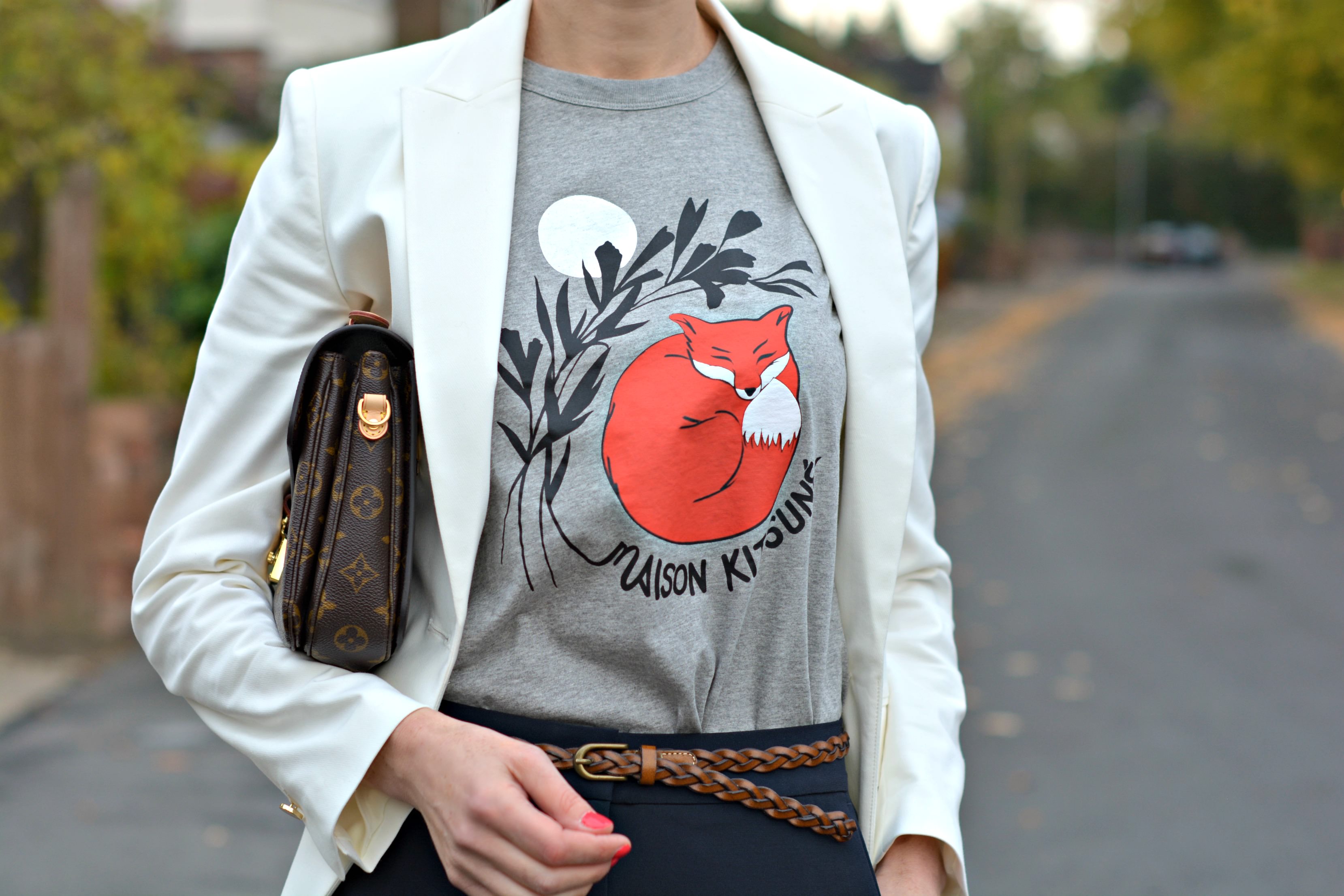 Marks and Spencer white blazer Maison Kitsune t-shirt Vintage tan plaited belt and Winser London wide leg trousers