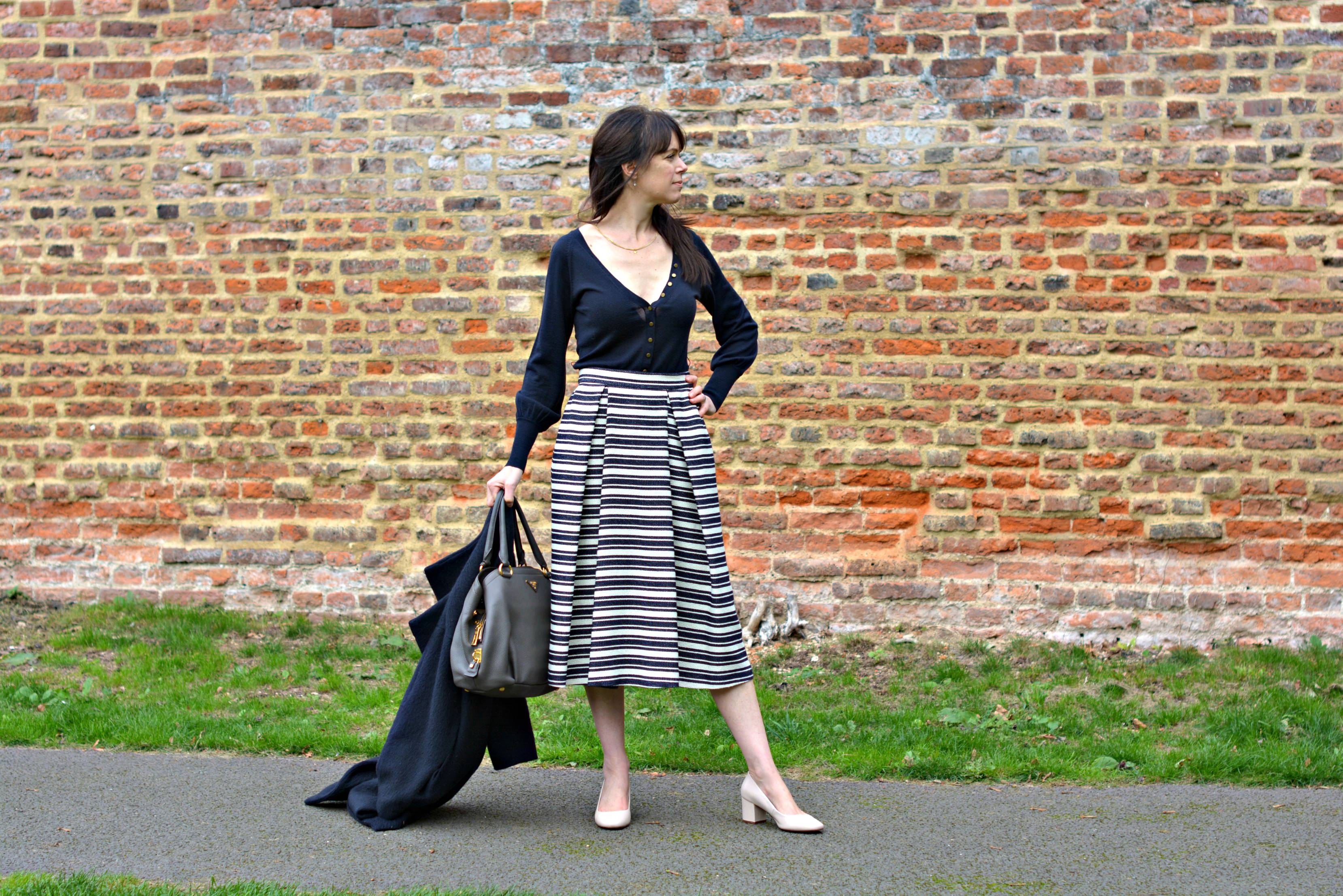 Whistles striped full midi skirt | French Connection knit top | Prada bag | Maje mohair wool coat | Dune block heel shoes