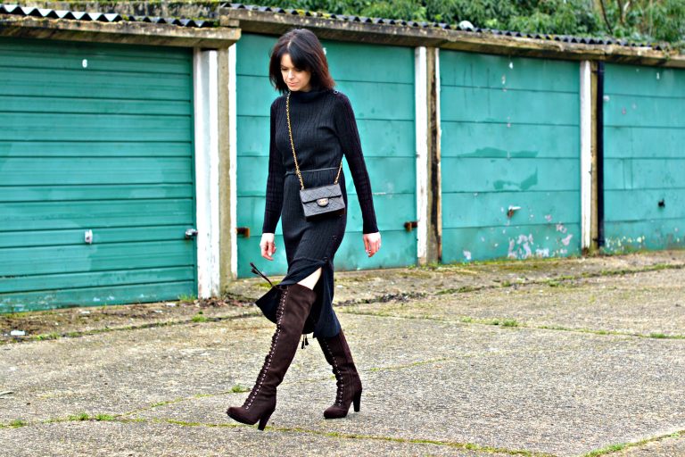 allsaints jumper dress and over the knee boots