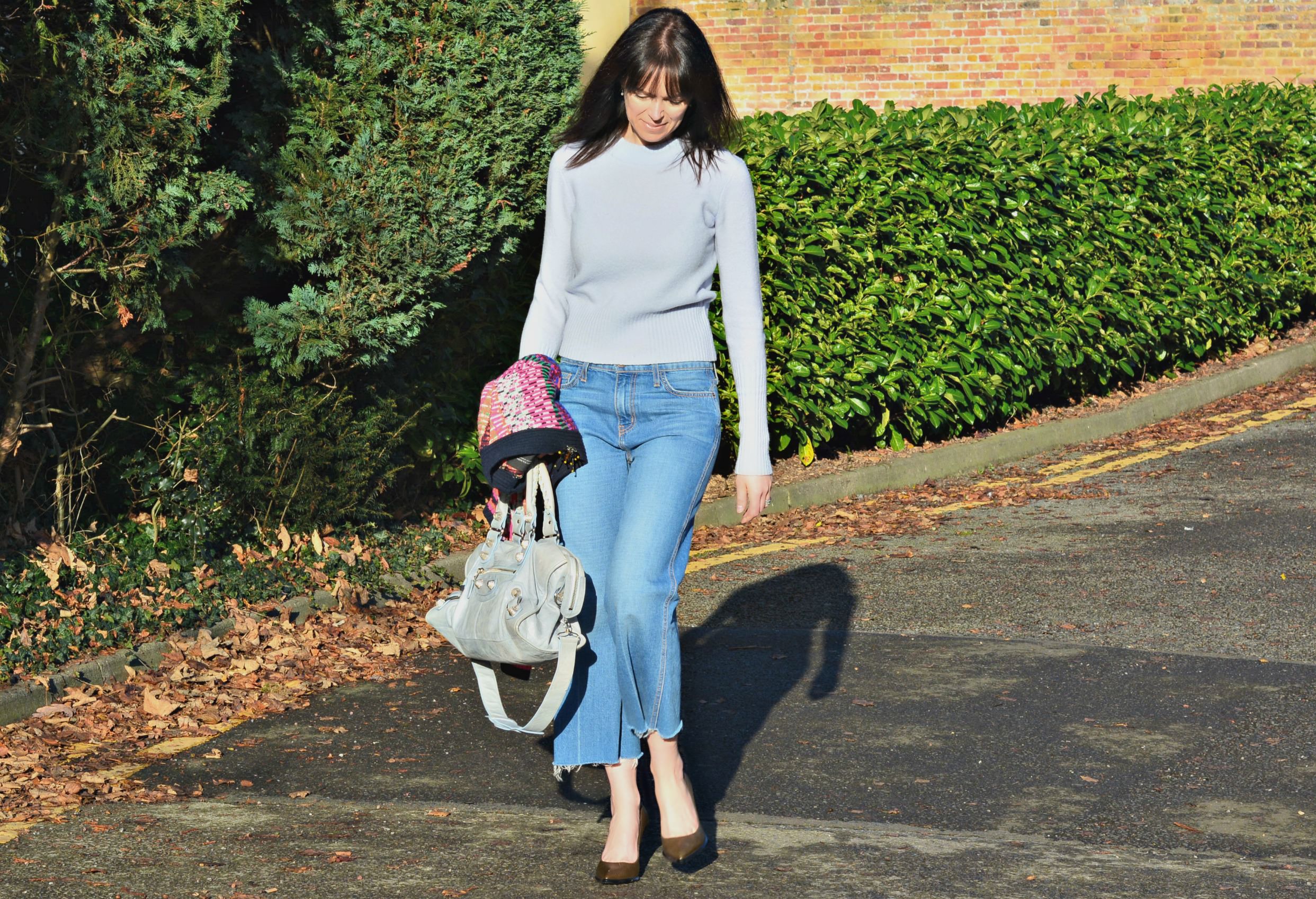 AllSaints blue jumper and khaki shoes with Current Elliott cropped jeans