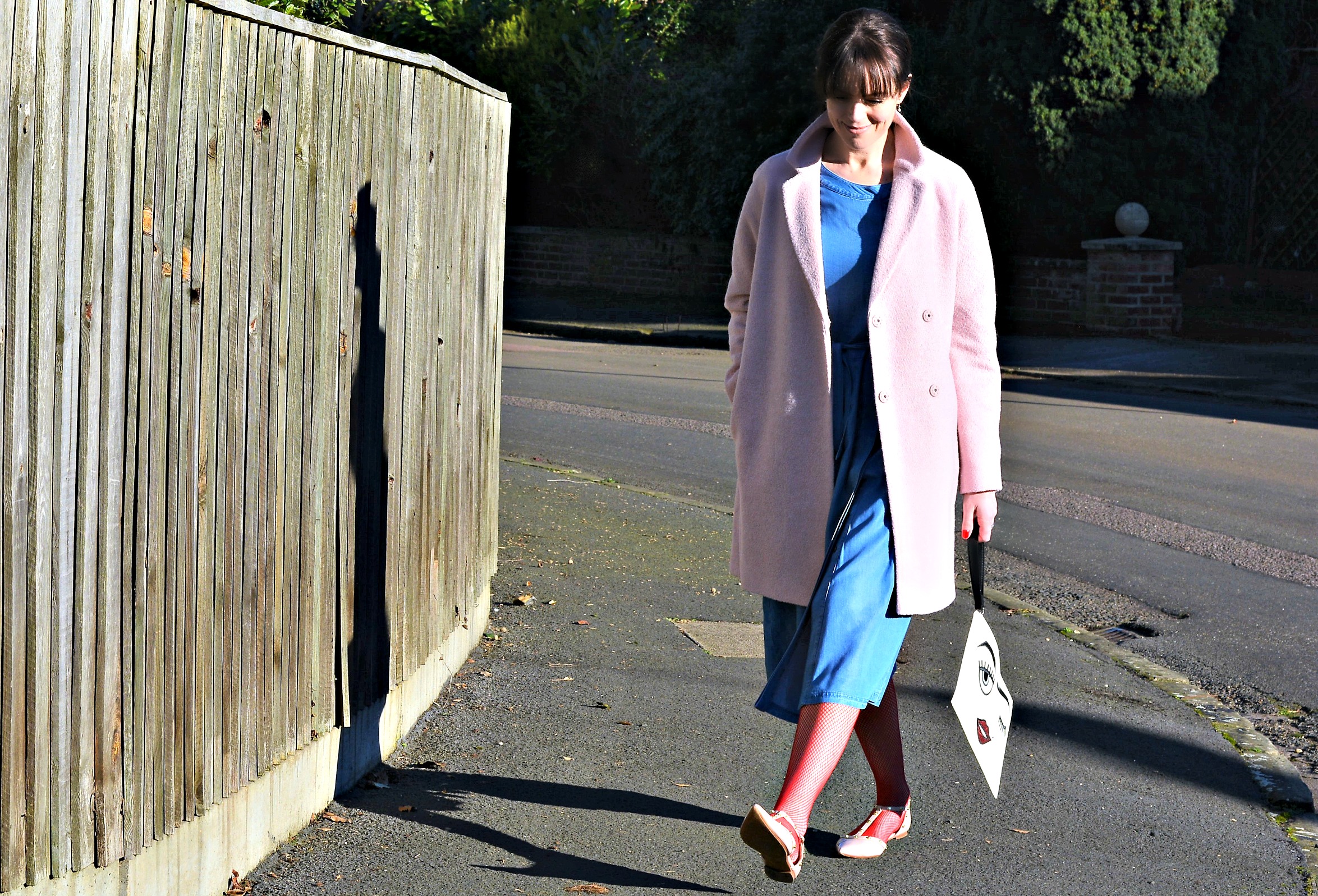 Laura Ashley denim dress and pink cocoon coat
