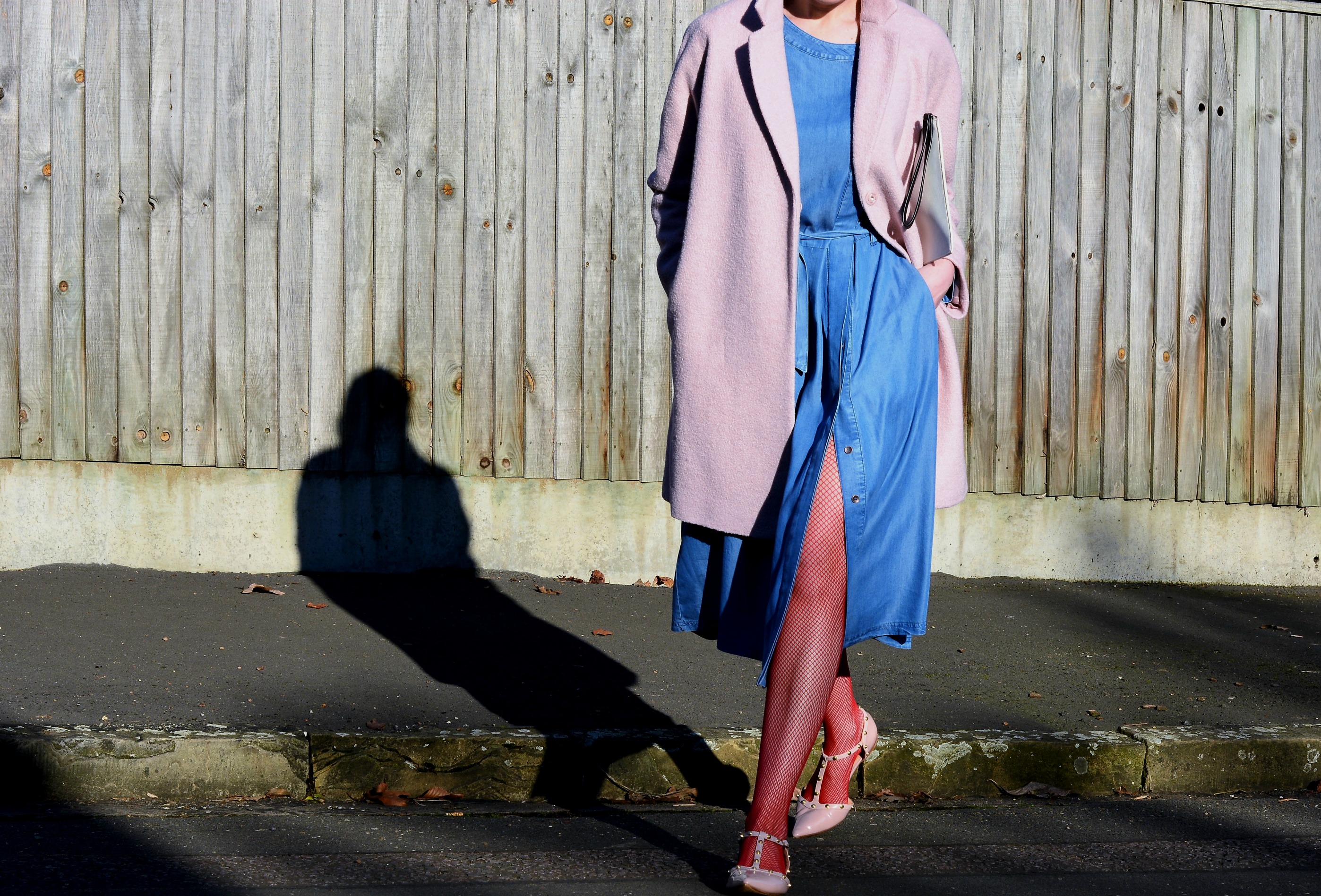 Laura Ashley denim dress and pink cocoon coat