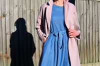 Laura Ashley denim dress and pink cocoon coat