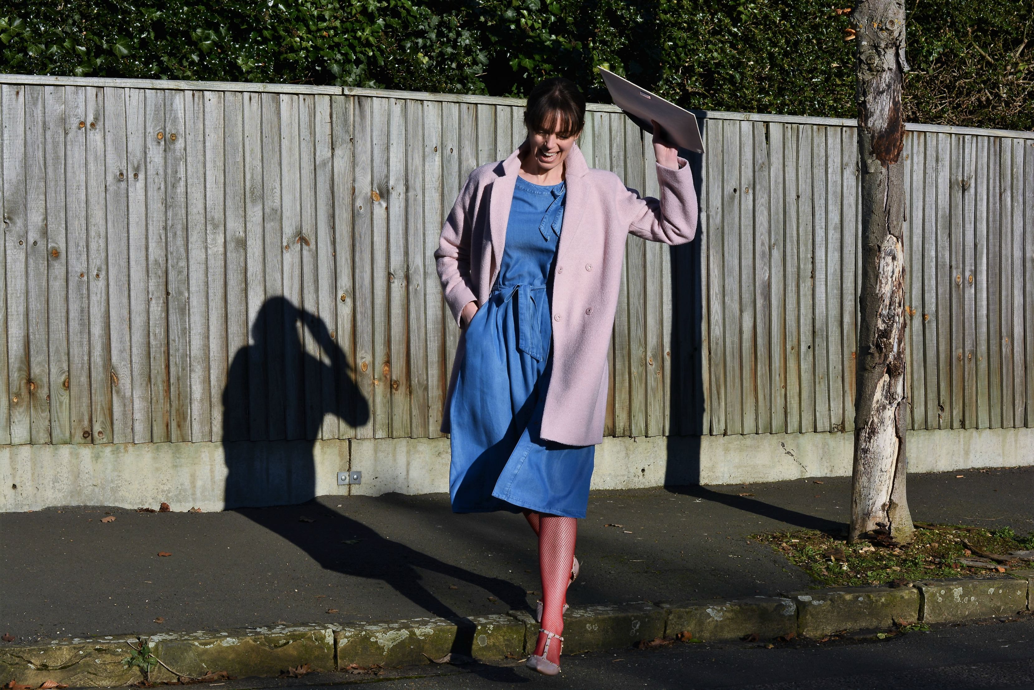 Laura Ashley denim dress and pink cocoon coat