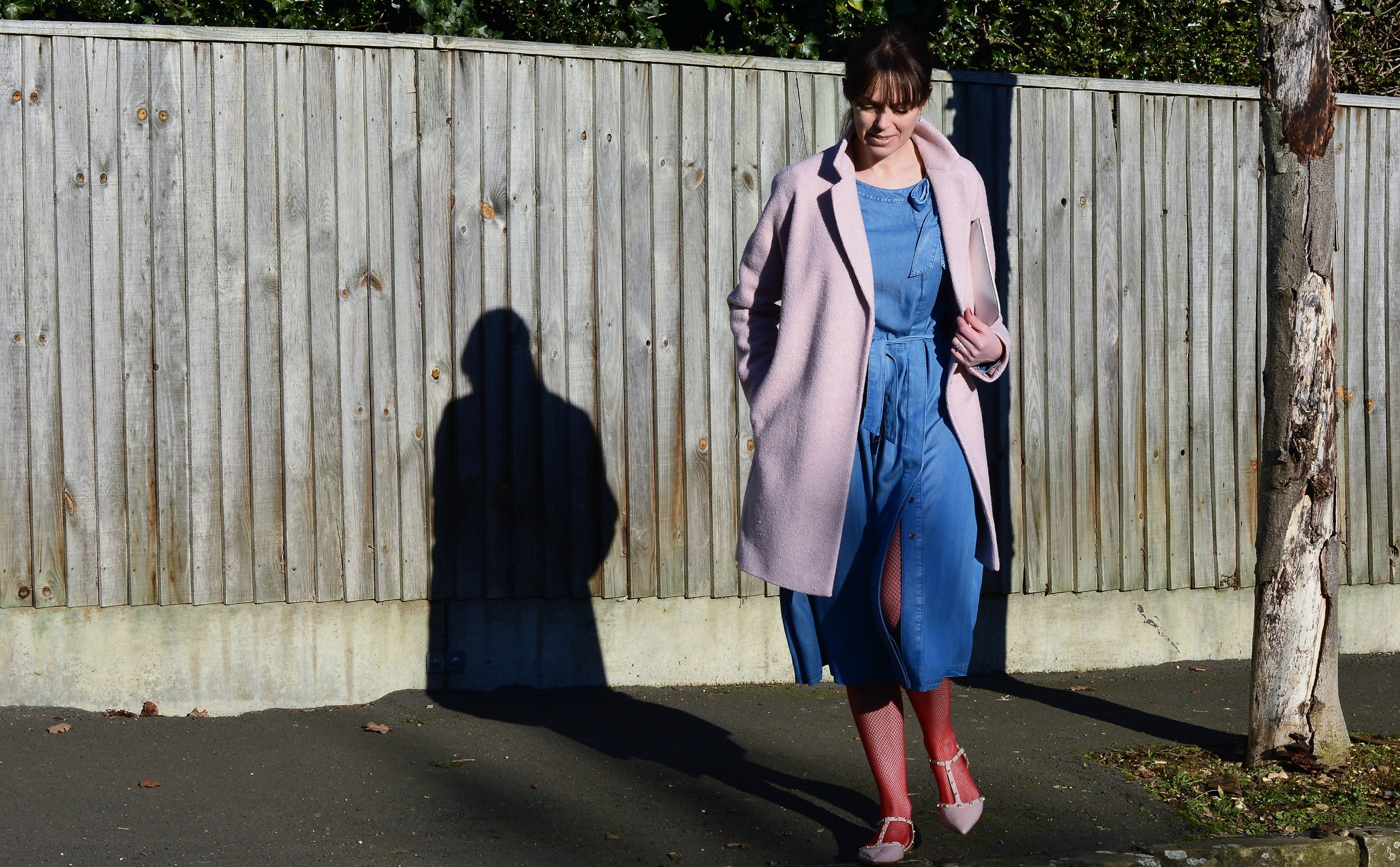 Laura Ashley denim dress and pink cocoon coat