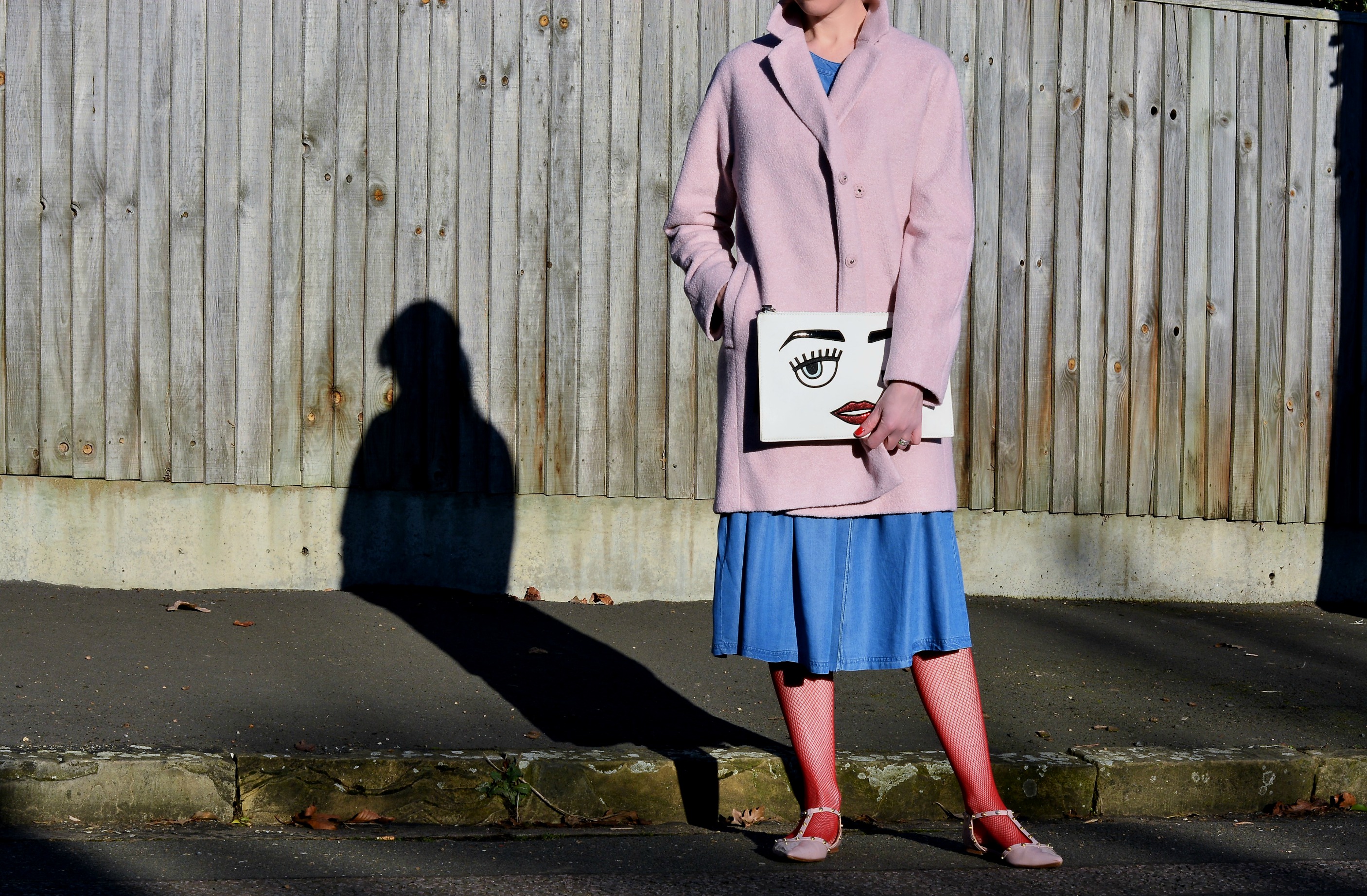 Laura Ashley denim dress and pink cocoon coat