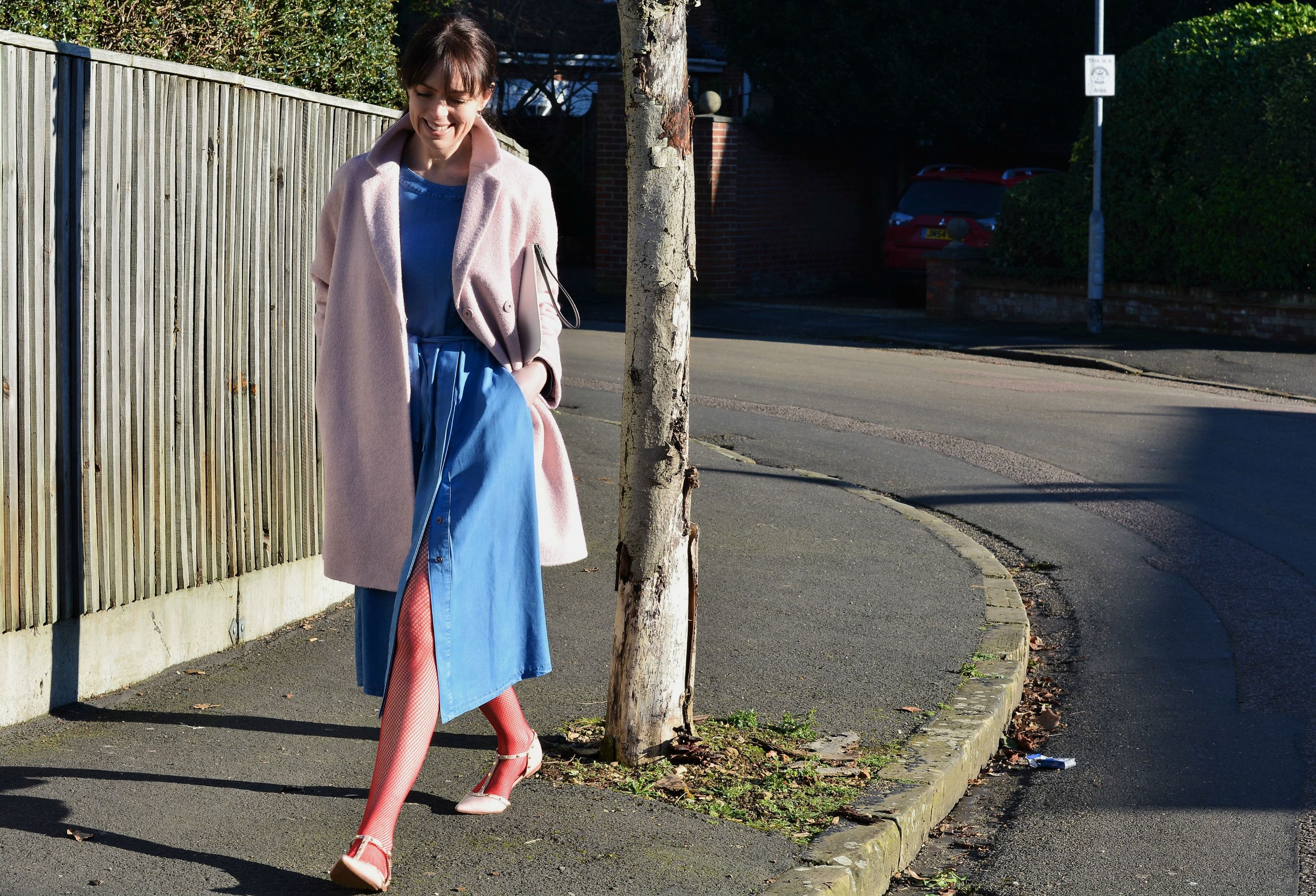 Laura Ashley denim dress and pink cocoon coat